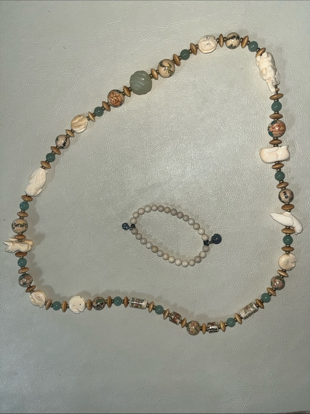 Handcrafted Porcelain & Animal Cream and Green Beaded Necklace w/ bead bracelet